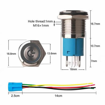 12V 16mm Button Push Type Wired Red