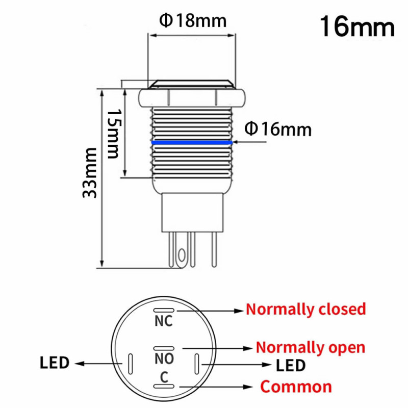 12V 16mm Button Push Type Wired Red