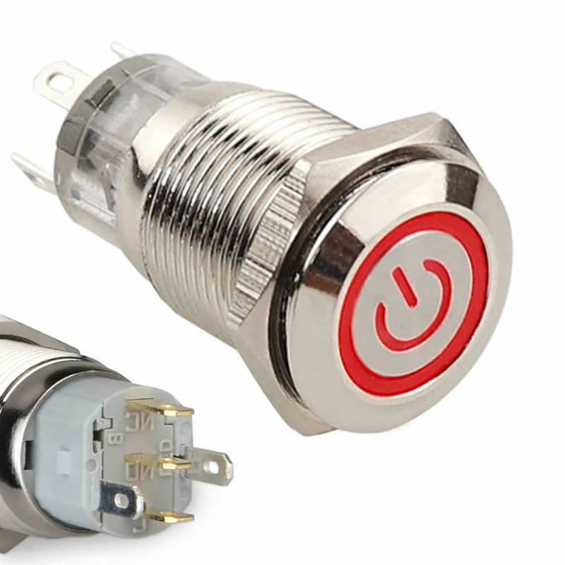 16mm Metal Button Latch Red Power Symbol Led