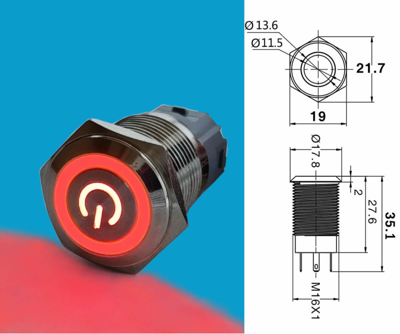 16mm Metal Button Latch Red Power Symbol Led