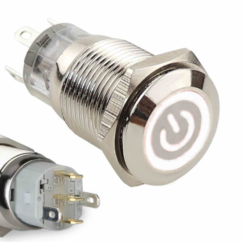 16mm Metal Button Latch White Power Symbol Led