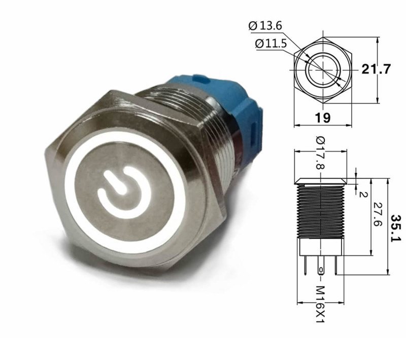 16mm Metal Button Latch White Power Symbol Led