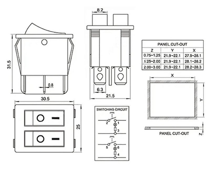 KCD3-2 6 Pin 16A 250V Dual Switch with LED