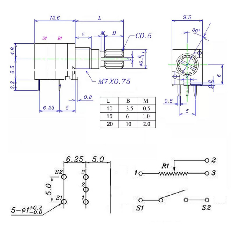 50kohm Potentiometer B50K 5 Pin