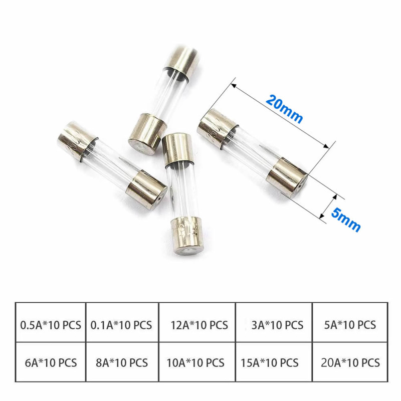 Glass Tube Fuse Set 100 Pcs