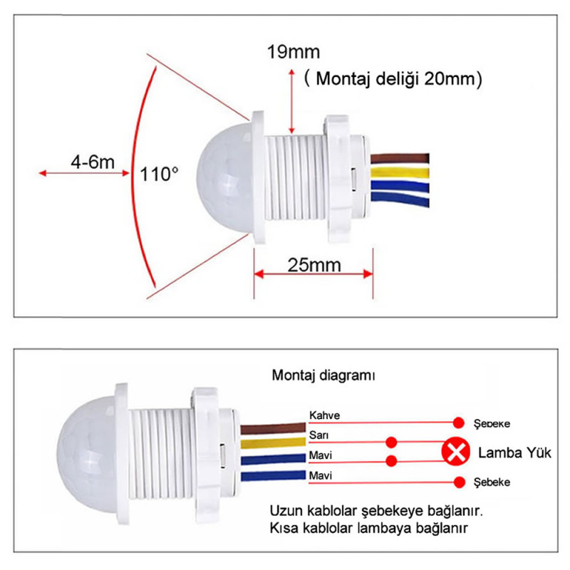 220V PIR Hareket Sensörü 25cm Kablolu