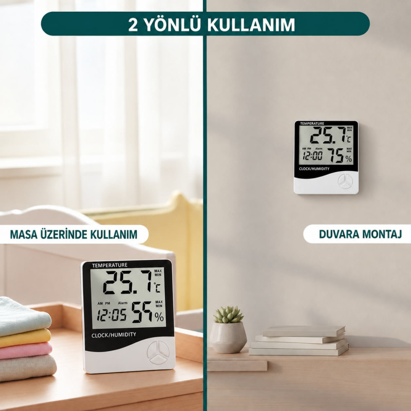 Dijital Sıcaklık ve Nem Ölçer Saatli Termometre