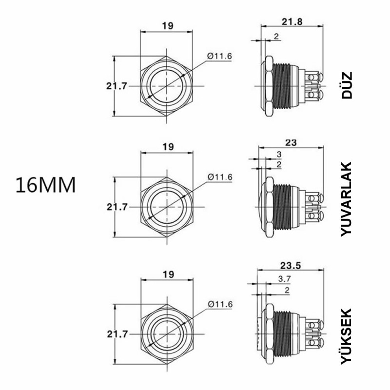 16mm Metal Push Button Round Head BT1602